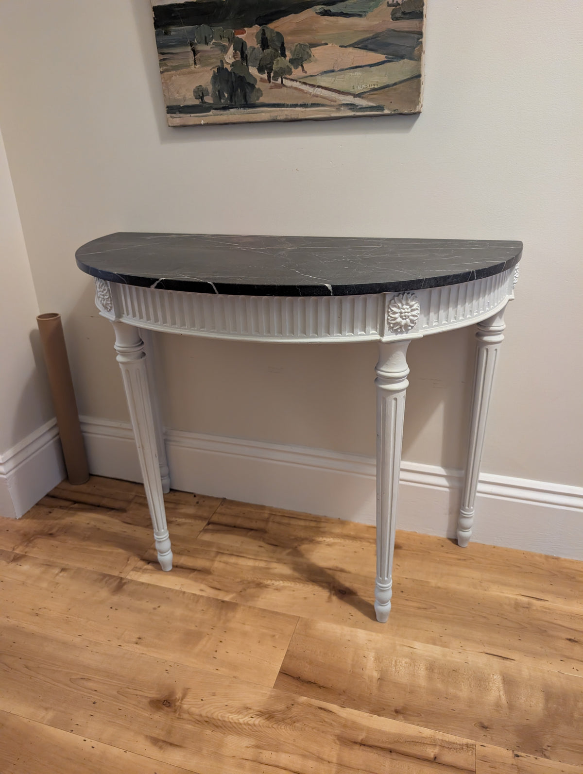 Louis XVI style half moon console table with Marble top.