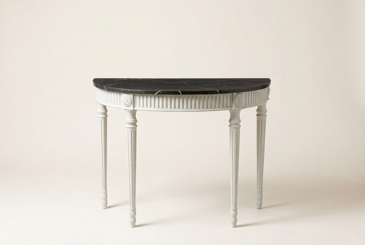 Louis XVI style half moon console table with Marble top.