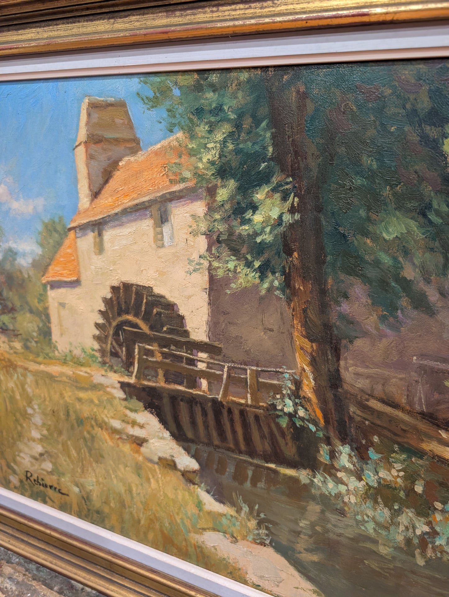 Antique Mid-Century French Impressionist Oil Painting – "The Watermill" by Marc Rebierre (c. 1970s)
