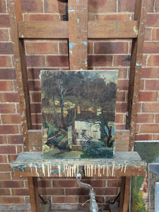 Mid-20th Century French Landscape Oil Painting – "Rural Cottage" by Louis Blanc