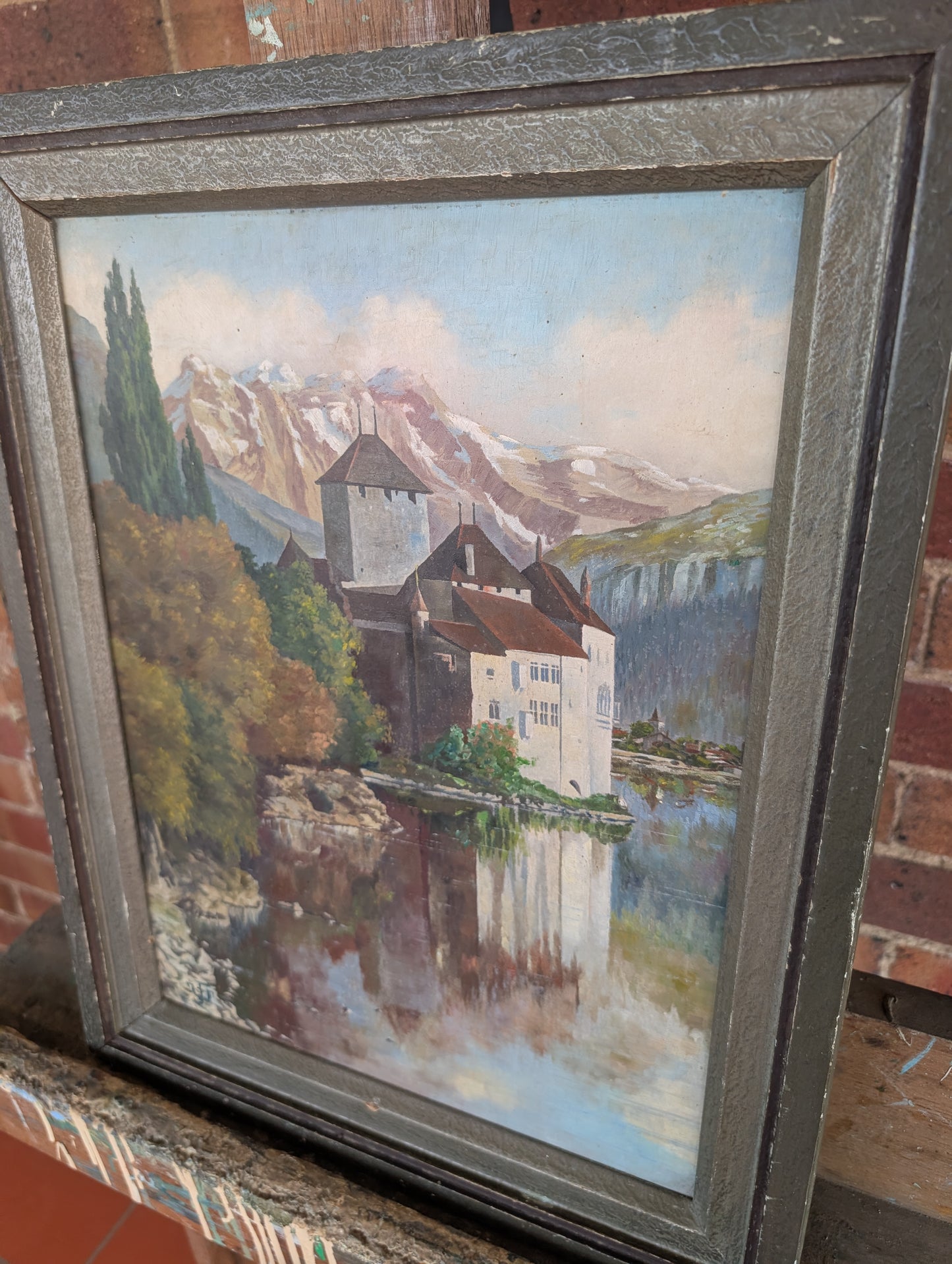 French Oil Painting – Chillon Castle on Lake Geneva, mid CXXth