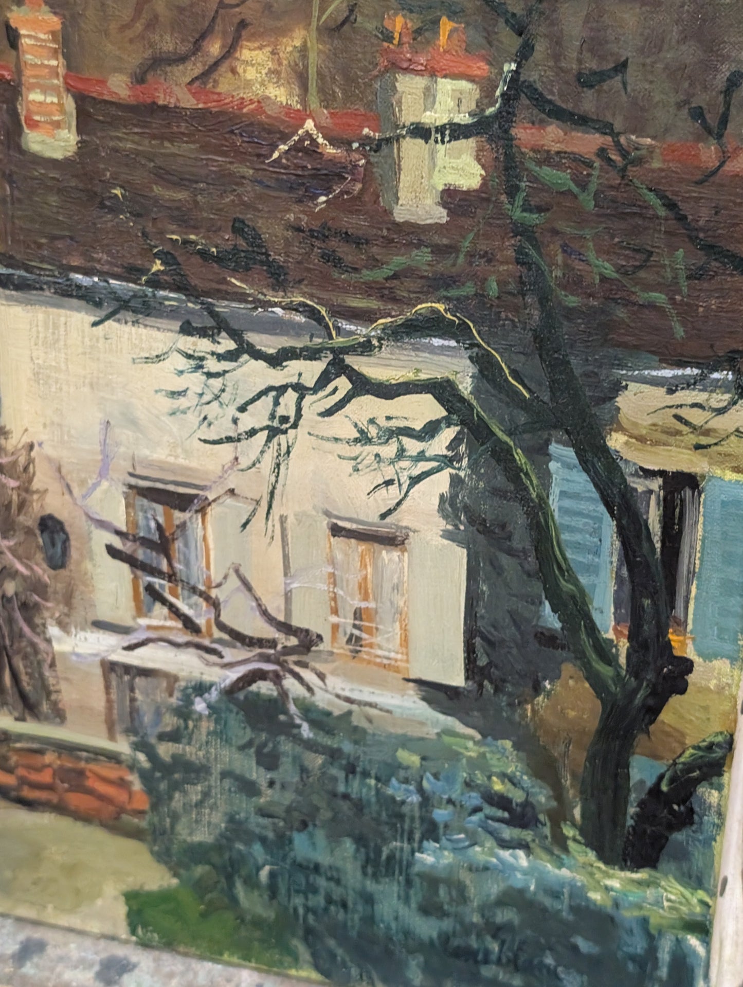 Mid-20th Century French Landscape Oil Painting – "Rural Cottage" by Louis Blanc