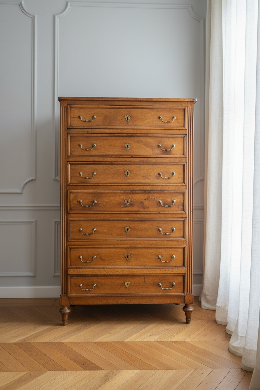 Louis XVI Style Walnut Semainier Tall Chest