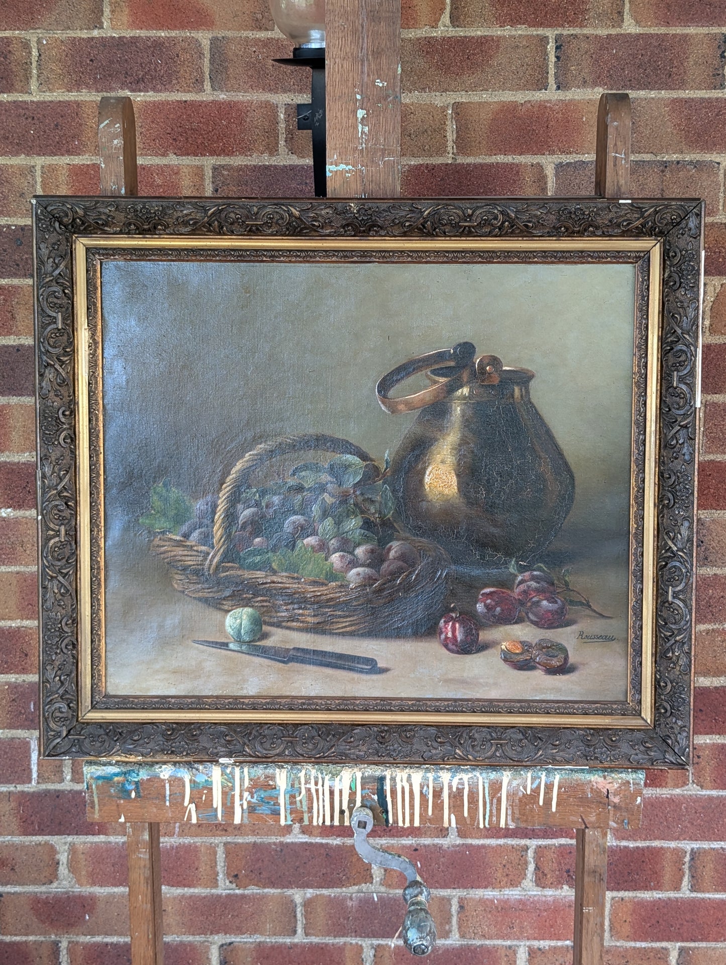 Still life plums painting, Leon Rousseau C19th