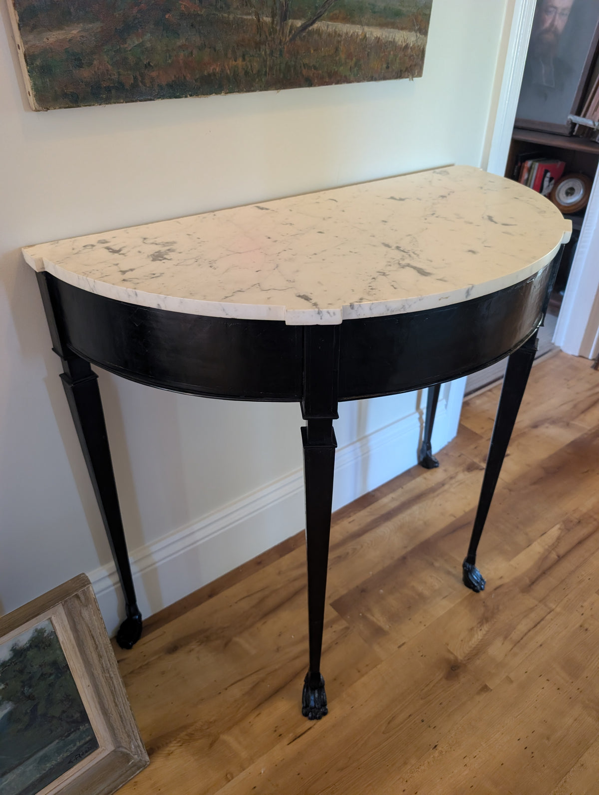 C19th Neoclassical Ebonized Demilune Console Table with Hand-Cut Carrara Marble