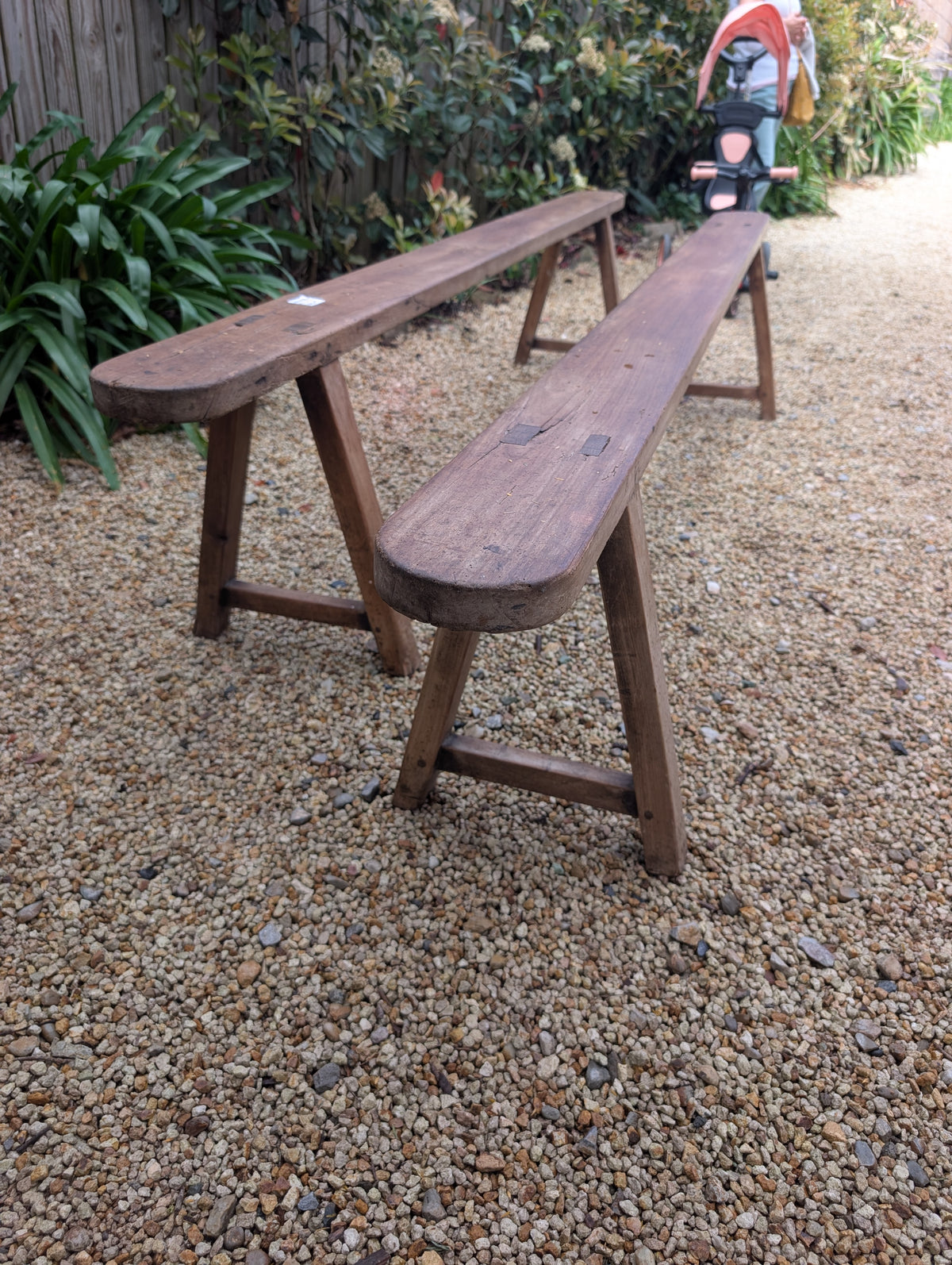 Pair of Antique C19th 'Skinny' Farmhouse Benches (2.36m)