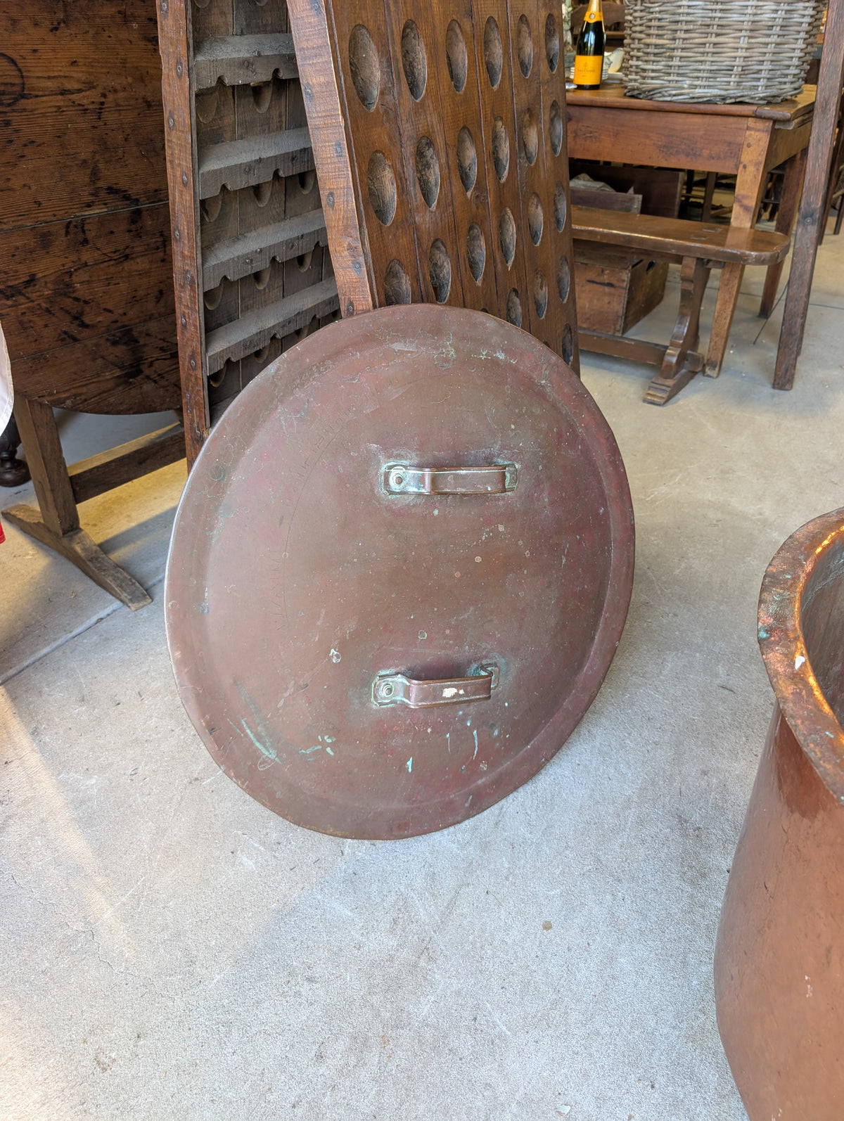 Antique French oversized copper culinary pot with double-handled lid
