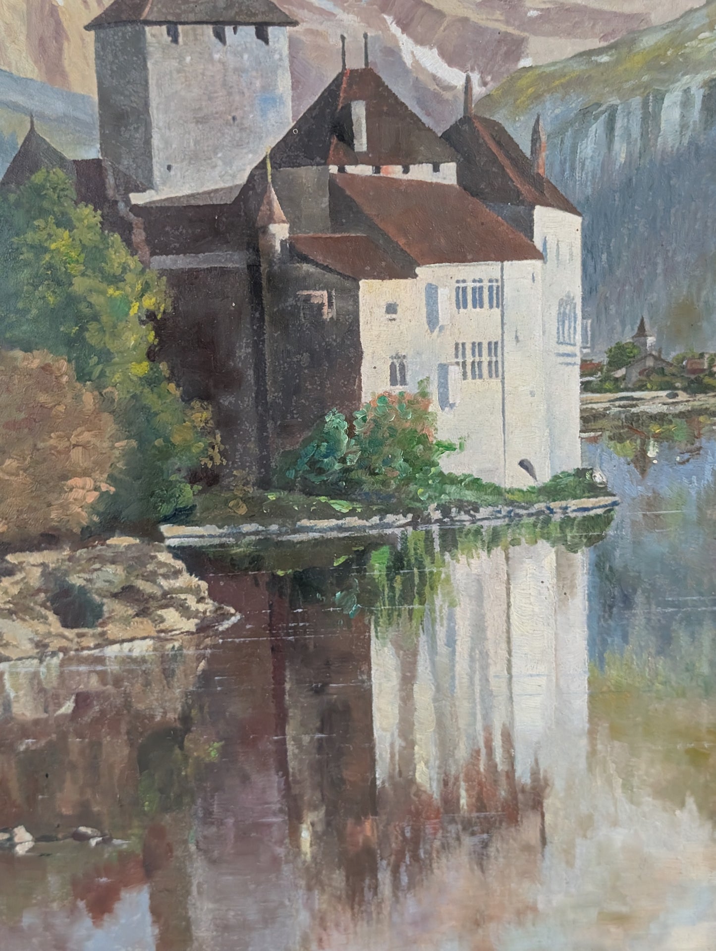 French Oil Painting – Chillon Castle on Lake Geneva, mid CXXth
