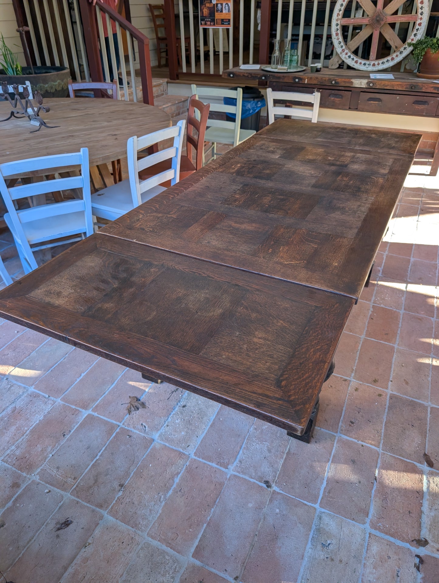 C19th antique oak Baroque-style dining table with extensions
