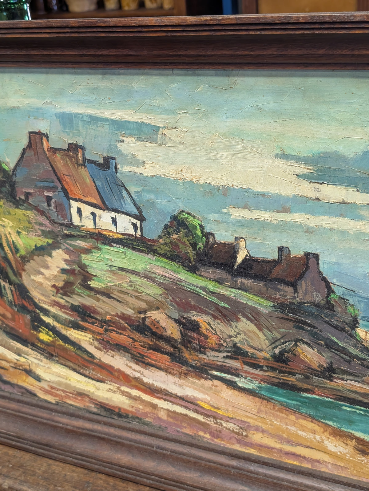 Original Mid-Century French Coastal Oil Painting - Breton Cottages by A. Le Guillou (1965)