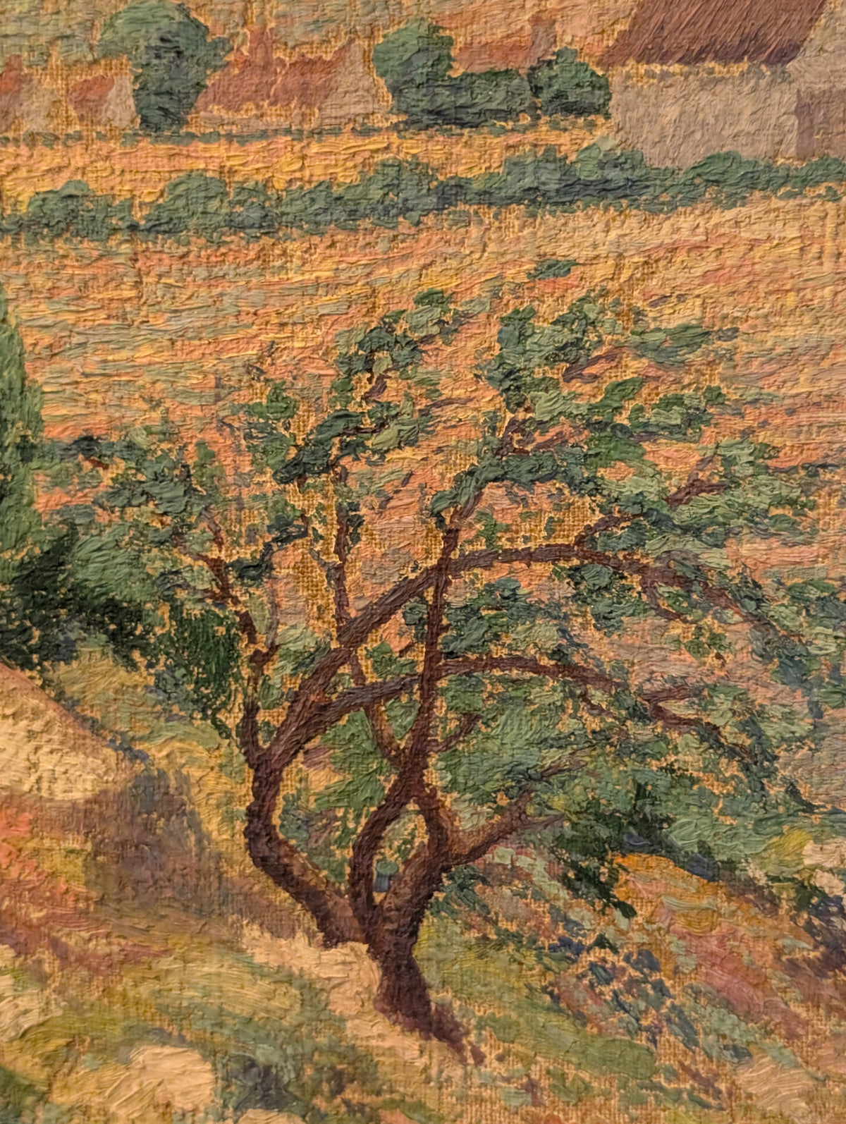 Post-Impressionist landscape painting rendered in a textured, stippled pointillist technique. By David C20th