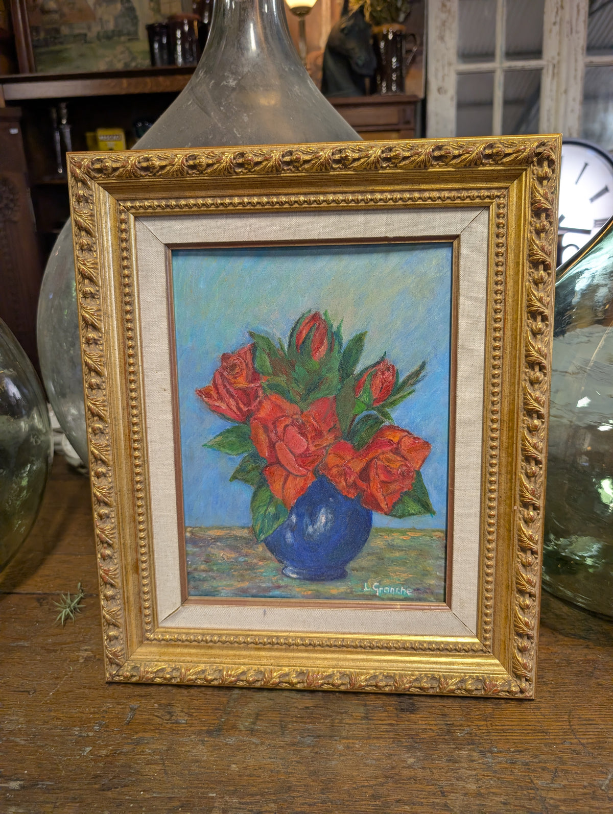 Original French Impressionist Still Life Oil Painting - "Roses: Christophe Colomb" by Lydie Granche (2004)