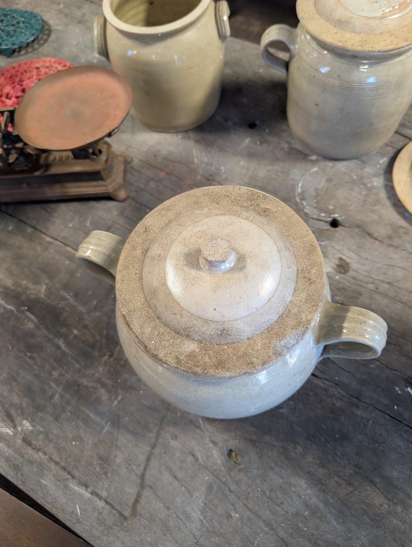 Authentic French antique stoneware confit pots 22cm high with kid